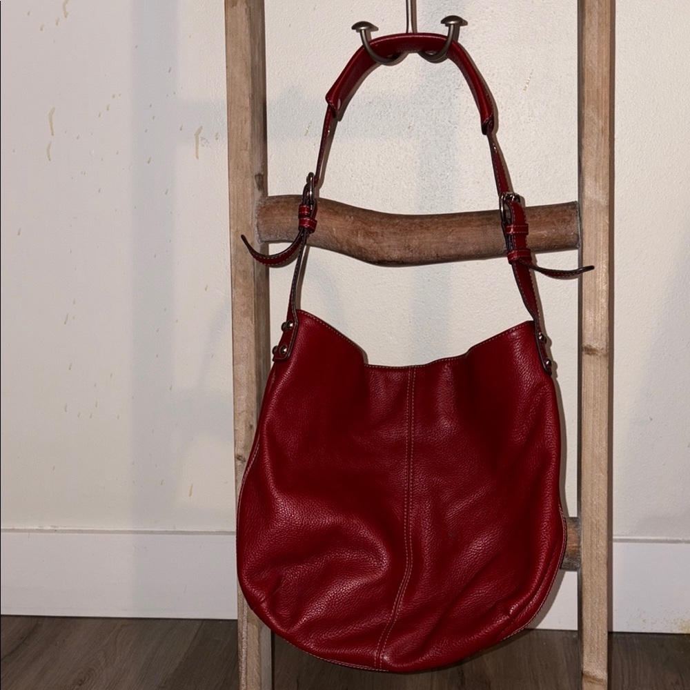 Red Leather Tignanello Shoulder Bag with chain print interior
